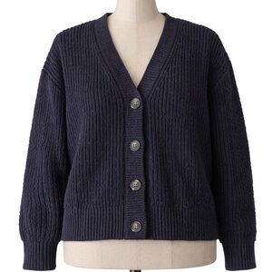 LOFT Navy Ribbed V-Neck Button Cardigan Size M